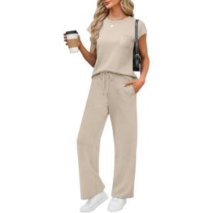 imageWIHOLL 2 Piece Sets for Women Casual Summer Travel Vacation Outfits Cap Sleeve Lounge SetBeige