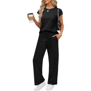 imageWIHOLL 2 Piece Sets for Women Casual Summer Travel Vacation Outfits Cap Sleeve Lounge SetBlack