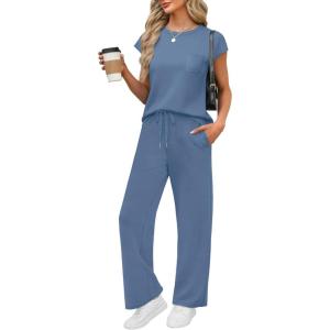 imageWIHOLL 2 Piece Sets for Women Casual Summer Travel Vacation Outfits Cap Sleeve Lounge SetBlue