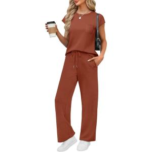 imageWIHOLL 2 Piece Sets for Women Casual Summer Travel Vacation Outfits Cap Sleeve Lounge SetCaramel