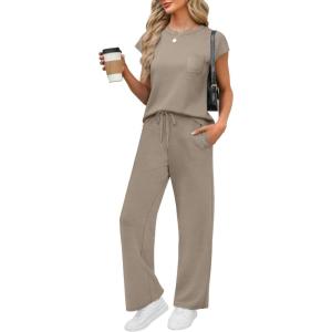 imageWIHOLL 2 Piece Sets for Women Casual Summer Travel Vacation Outfits Cap Sleeve Lounge SetCoffee