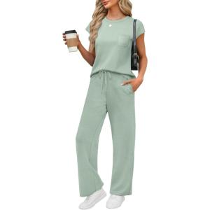 imageWIHOLL 2 Piece Sets for Women Casual Summer Travel Vacation Outfits Cap Sleeve Lounge SetCream Green