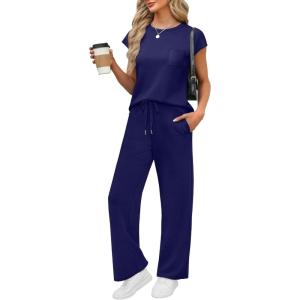 imageWIHOLL 2 Piece Sets for Women Casual Summer Travel Vacation Outfits Cap Sleeve Lounge SetDark Blue