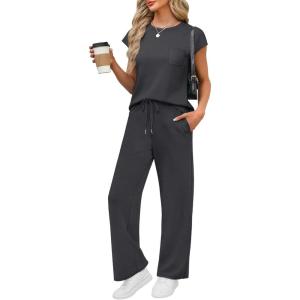 imageWIHOLL 2 Piece Sets for Women Casual Summer Travel Vacation Outfits Cap Sleeve Lounge SetDark Grey
