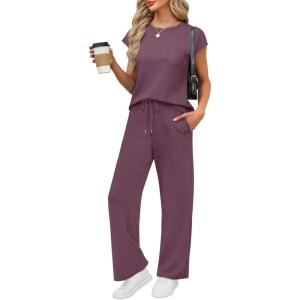 imageWIHOLL 2 Piece Sets for Women Casual Summer Travel Vacation Outfits Cap Sleeve Lounge SetDark Purple