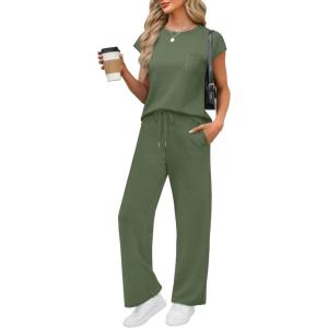 imageWIHOLL 2 Piece Sets for Women Casual Summer Travel Vacation Outfits Cap Sleeve Lounge SetGreen