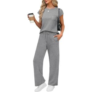 imageWIHOLL 2 Piece Sets for Women Casual Summer Travel Vacation Outfits Cap Sleeve Lounge SetGrey
