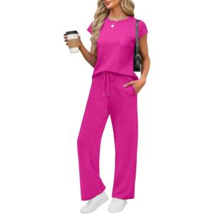 imageWIHOLL 2 Piece Sets for Women Casual Summer Travel Vacation Outfits Cap Sleeve Lounge SetHot Pink