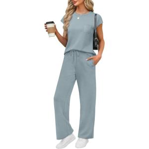 imageWIHOLL 2 Piece Sets for Women Casual Summer Travel Vacation Outfits Cap Sleeve Lounge SetLake Blue