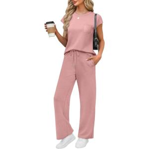imageWIHOLL 2 Piece Sets for Women Casual Summer Travel Vacation Outfits Cap Sleeve Lounge SetPink