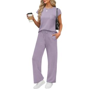 imageWIHOLL 2 Piece Sets for Women Casual Summer Travel Vacation Outfits Cap Sleeve Lounge SetPurple