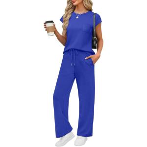 imageWIHOLL 2 Piece Sets for Women Casual Summer Travel Vacation Outfits Cap Sleeve Lounge SetRoyal Blue