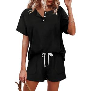 imageWIHOLL Two Piece Outfits for Women Lounge Sets Button Down Top and Shorts Set Sweatsuits with PocketsShort Sleeve  Black
