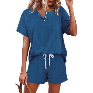 imageWIHOLL Two Piece Outfits for Women Lounge Sets Button Down Top and Shorts Set Sweatsuits with PocketsShort Sleeve  Blue