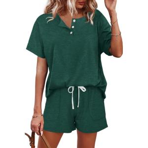 imageWIHOLL Two Piece Outfits for Women Lounge Sets Button Down Top and Shorts Set Sweatsuits with PocketsShort Sleeve  Dark Green