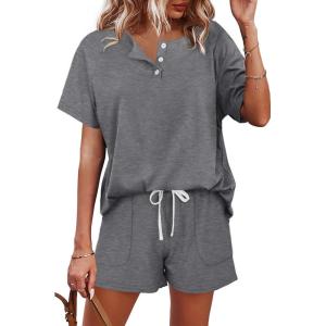 imageWIHOLL Two Piece Outfits for Women Lounge Sets Button Down Top and Shorts Set Sweatsuits with PocketsShort Sleeve  Grey