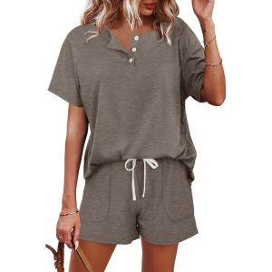 imageWIHOLL Two Piece Outfits for Women Lounge Sets Button Down Top and Shorts Set Sweatsuits with PocketsShort Sleeve  Khaki