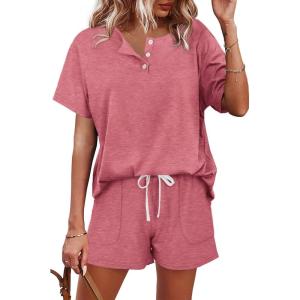 imageWIHOLL Two Piece Outfits for Women Lounge Sets Button Down Top and Shorts Set Sweatsuits with PocketsShort Sleeve  Pink