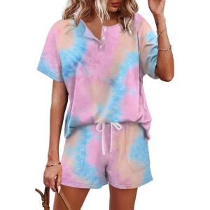 imageWIHOLL Two Piece Outfits for Women Lounge Sets Button Down Top and Shorts Set Sweatsuits with PocketsShort Sleeve  Tie Dye Pink