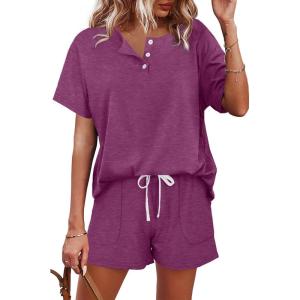 imageWIHOLL Two Piece Outfits for Women Lounge Sets Button Down Top and Shorts Set Sweatsuits with PocketsShort Sleeve  Violet