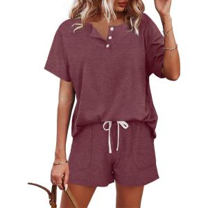 imageWIHOLL Two Piece Outfits for Women Lounge Sets Button Down Top and Shorts Set Sweatsuits with PocketsShort Sleeve Dark Red