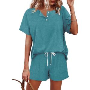 imageWIHOLL Two Piece Outfits for Women Lounge Sets Button Down Top and Shorts Set Sweatsuits with PocketsShort Sleeve Turquoise