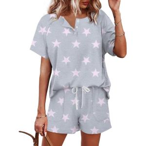imageWIHOLL Two Piece Outfits for Women Lounge Sets Button Down Top and Shorts Set Sweatsuits with PocketsStar Printgrey