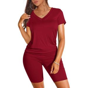 imageWIHOLL Two Piece Outfits for Women Short Sleeve V Neck Biker Shorts Set1wine Red