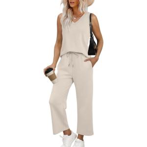 imageWIHOLL Two Piece Set for Women Summer Outfits Vacation Trendy Lounge Sets V Neck Matching SetsBeige