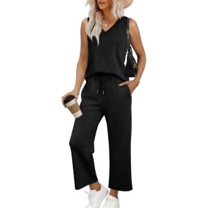 imageWIHOLL Two Piece Set for Women Summer Outfits Vacation Trendy Lounge Sets V Neck Matching SetsBlack