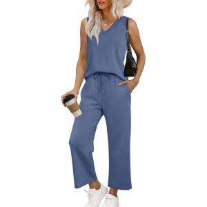 imageWIHOLL Two Piece Set for Women Summer Outfits Vacation Trendy Lounge Sets V Neck Matching SetsBlue
