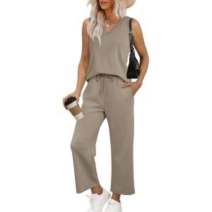 imageWIHOLL Two Piece Set for Women Summer Outfits Vacation Trendy Lounge Sets V Neck Matching SetsCoffee