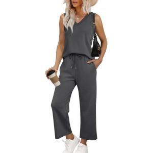 imageWIHOLL Two Piece Set for Women Summer Outfits Vacation Trendy Lounge Sets V Neck Matching SetsDeep Grey