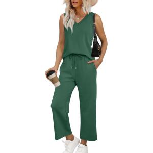 imageWIHOLL Two Piece Set for Women Summer Outfits Vacation Trendy Lounge Sets V Neck Matching SetsGreen