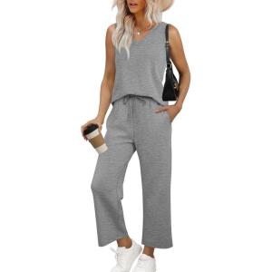 imageWIHOLL Two Piece Set for Women Summer Outfits Vacation Trendy Lounge Sets V Neck Matching SetsGrey