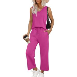 imageWIHOLL Two Piece Set for Women Summer Outfits Vacation Trendy Lounge Sets V Neck Matching SetsHotpink