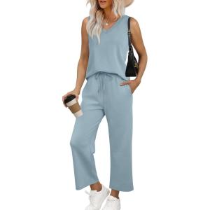 imageWIHOLL Two Piece Set for Women Summer Outfits Vacation Trendy Lounge Sets V Neck Matching SetsLight Blue
