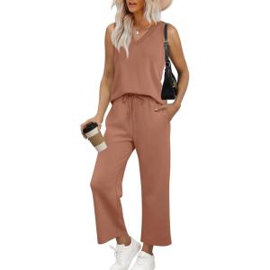 imageWIHOLL Two Piece Set for Women Summer Outfits Vacation Trendy Lounge Sets V Neck Matching SetsLightbrown