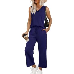imageWIHOLL Two Piece Set for Women Summer Outfits Vacation Trendy Lounge Sets V Neck Matching SetsNavy