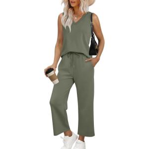 imageWIHOLL Two Piece Set for Women Summer Outfits Vacation Trendy Lounge Sets V Neck Matching SetsOlive Green