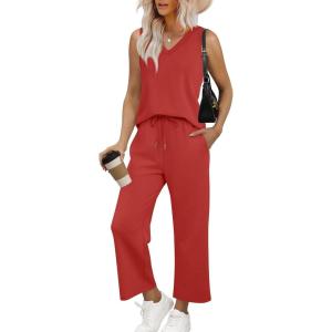 imageWIHOLL Two Piece Set for Women Summer Outfits Vacation Trendy Lounge Sets V Neck Matching SetsRed