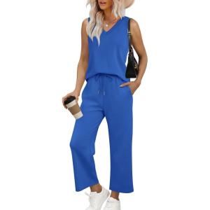 imageWIHOLL Two Piece Set for Women Summer Outfits Vacation Trendy Lounge Sets V Neck Matching SetsRoyal Blue