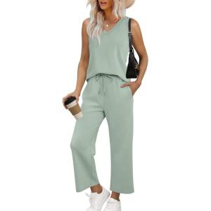 imageWIHOLL Two Piece Set for Women Summer Outfits Vacation Trendy Lounge Sets V Neck Matching SetsSage Green