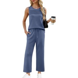 imageWIHOLL Two Piece Sets for Women Summer Outfits Matching Lounge Sets Wide Leg Crop Pants Vacation TravelBlue