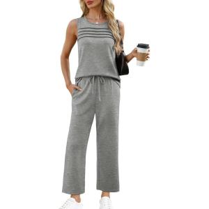 imageWIHOLL Two Piece Sets for Women Summer Outfits Matching Lounge Sets Wide Leg Crop Pants Vacation TravelGray