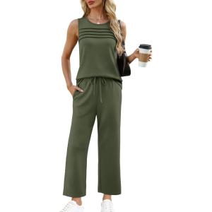 imageWIHOLL Two Piece Sets for Women Summer Outfits Matching Lounge Sets Wide Leg Crop Pants Vacation TravelGreen