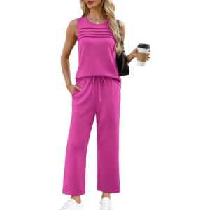 imageWIHOLL Two Piece Sets for Women Summer Outfits Matching Lounge Sets Wide Leg Crop Pants Vacation TravelHot Pink