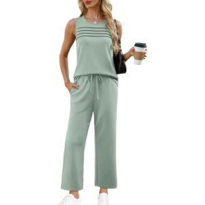imageWIHOLL Two Piece Sets for Women Summer Outfits Matching Lounge Sets Wide Leg Crop Pants Vacation TravelSage Green