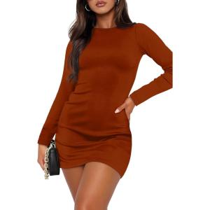 imageWIHOLL Womens Long Sleeve Boat Neck Mini Dress Slim Fit Party Club Bodycon Fall Winter Dresses 2025D  Caramel