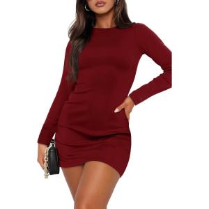 imageWIHOLL Womens Long Sleeve Boat Neck Mini Dress Slim Fit Party Club Bodycon Fall Winter Dresses 2025R  Red